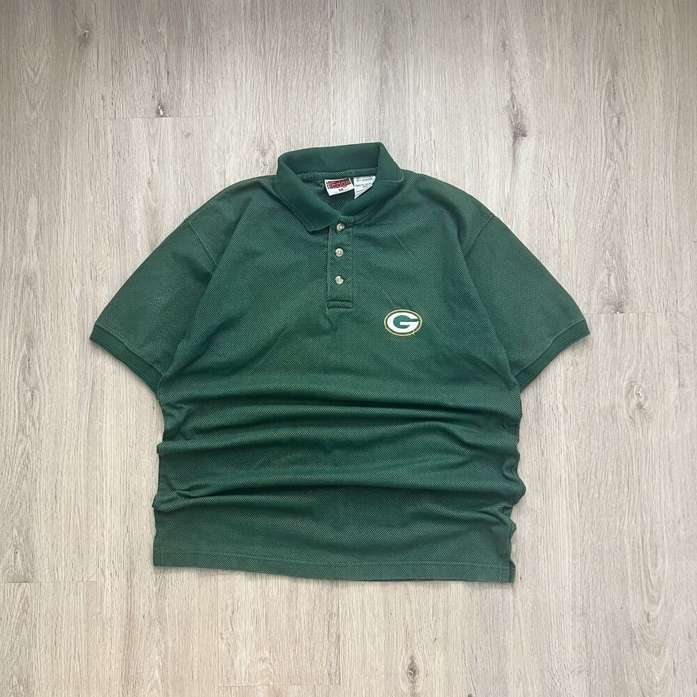 Vintage 90s Green Bay Packers Polo Shirt Mens M The Edge Green Short Sleeve NFL